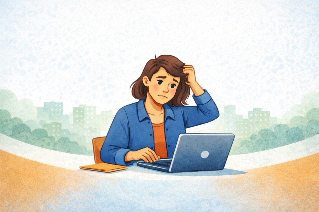 Illustration mit einer Frau, die sich grübelnd an den Kopf langt, während sie am PC sitzt. 