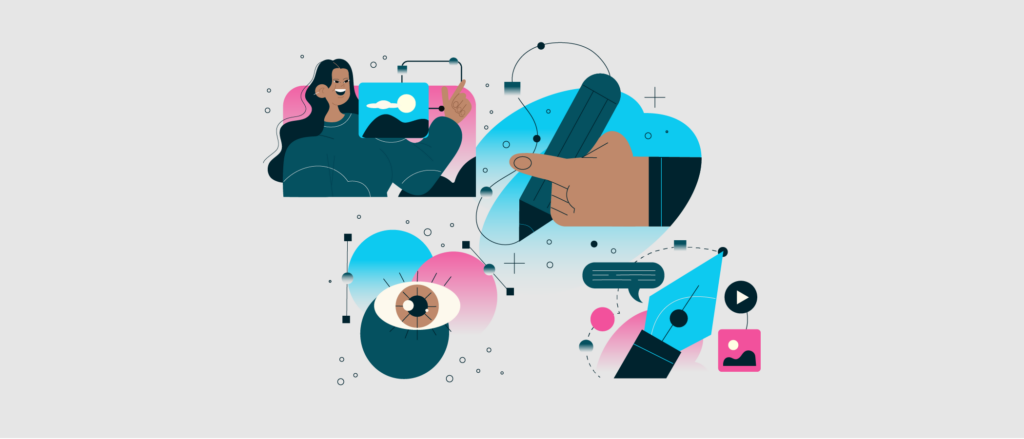 Vier Grafiken (Frau am Laptop, schreibende Hand, Auge und Füller), die Storytelling visualisieren