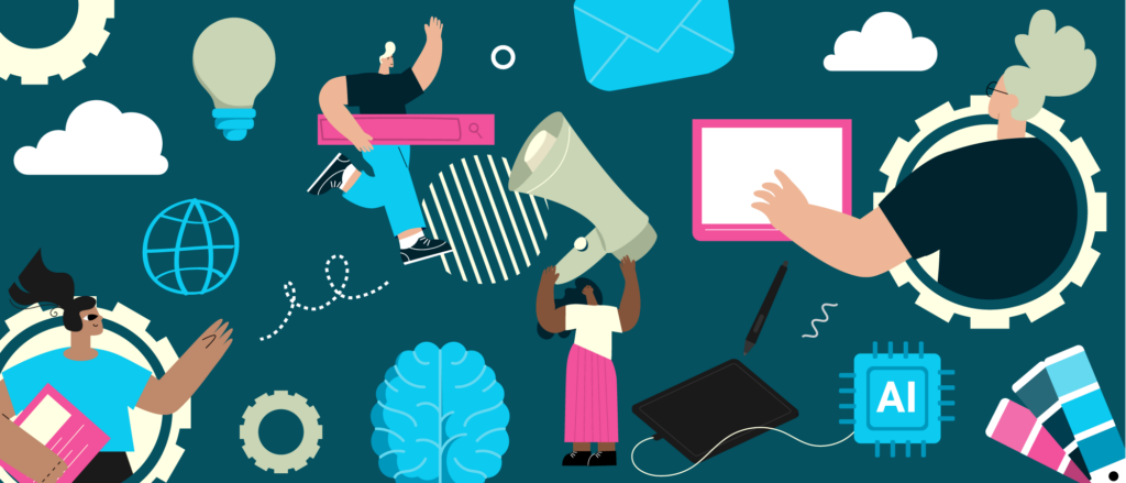 Illustration für das Blogzine, Personen, die Megaphone halten, Computer bedienen usw.